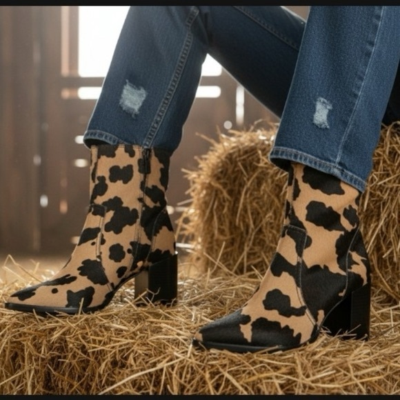 Giani Bernini Shoes - Cow Print Booties Western Leather Rider Calf Hair Block Heel Cowgirl New